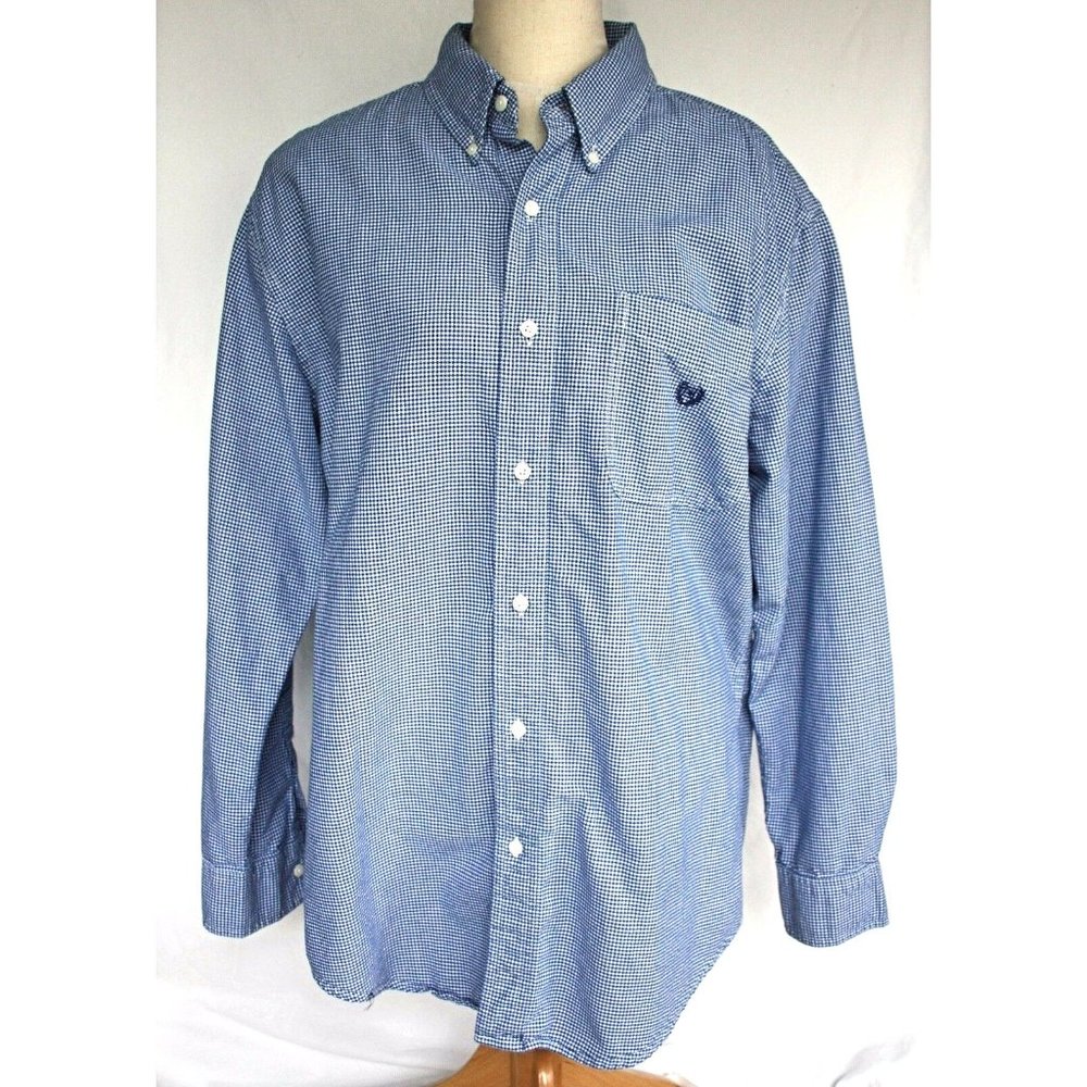 Chaps Ralph Lauren Blue & White Plaid Gingham Button Down Cotton Men's Shirt - M